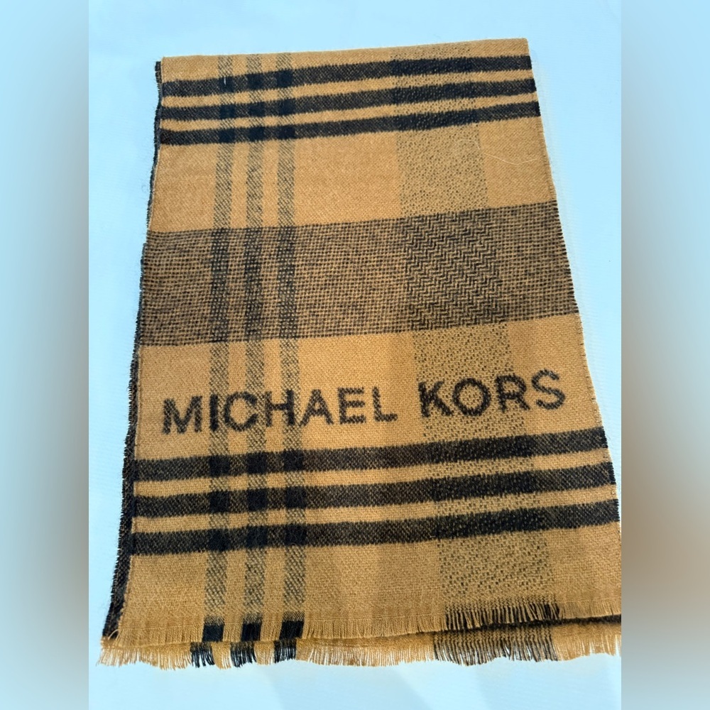 Michael Kors Women's Tan and Black Plaid Logo Scarf